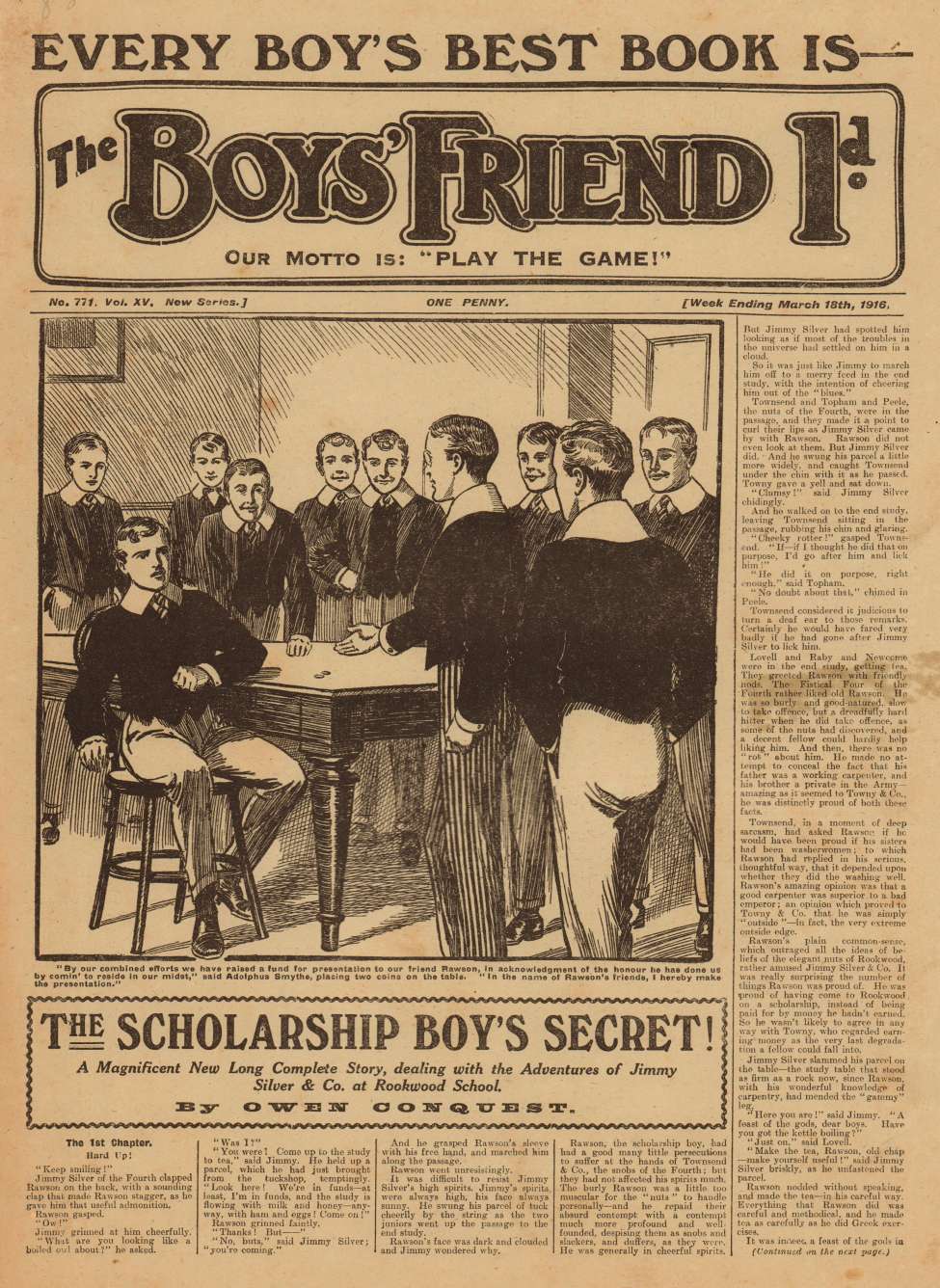 Comic Book Cover For The Boys' Friend 771 - The Scholarship Boy's Secret!