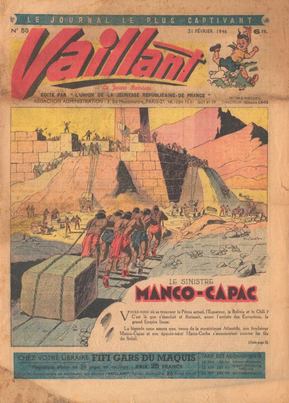 Comic Book Cover For Vaillant 50 - Manco-Capac
