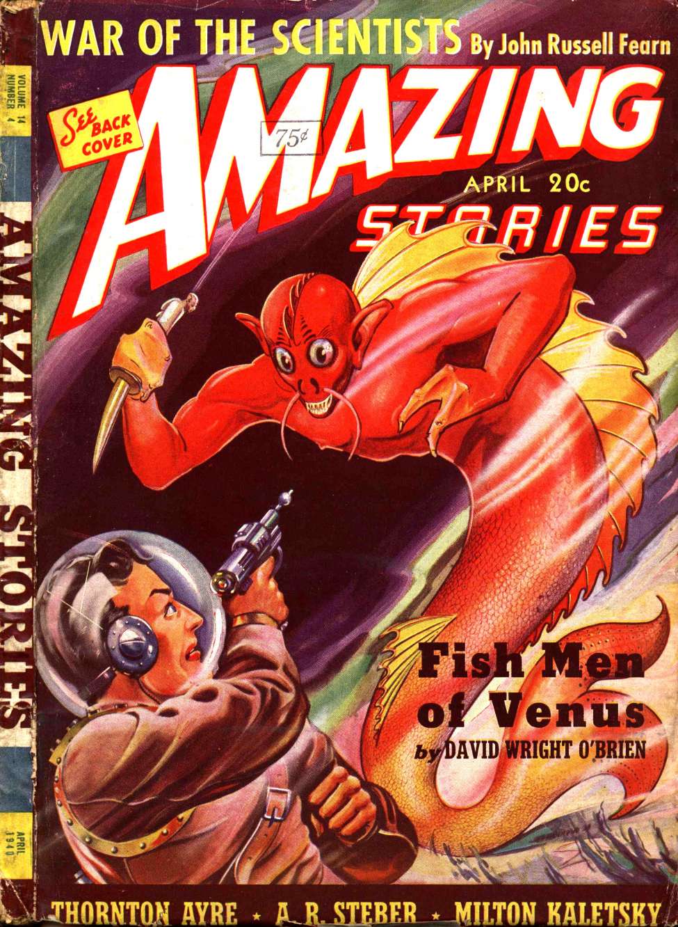 Book Cover For Amazing Stories v14 4 - Fish Men of Venus - David Wright O'Brien