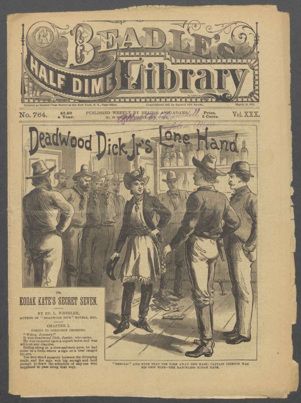 Book Cover For Beadle's Half Dime Library 764 - Deadwood Dick Jr's Lone Hand